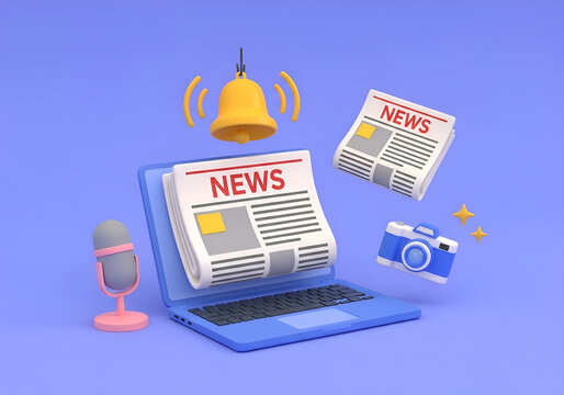 3d rendering conceptual image 3d illustration of a laptop with news papers, a microphone, camera, and a bell