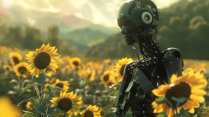 3D image of black robot in sunflowers in the background
