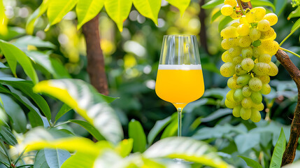 Grape juice in a glass on the background of green leaves.