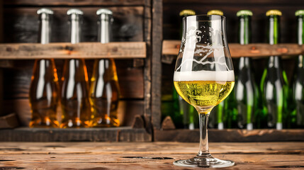 glass of beer on the background of bottles in a wooden crate.