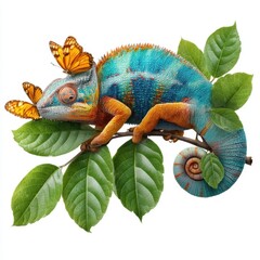 Naklejka premium A vibrant blue and orange chameleon rests on a leafy branch with two monarch butterflies perched on and near its head.