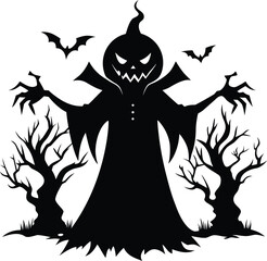 Spooky Halloween Illustration Featuring Scarecrow, Bats, and Haunted Trees