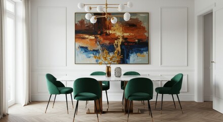 Elegant dining room featuring a large abstract painting, a marble-topped table, jewel-toned chairs, and a stylish chandelier