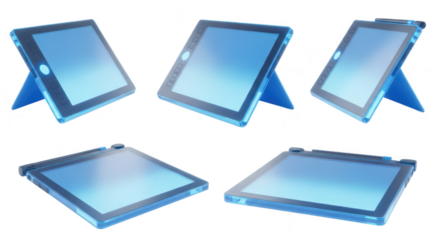 Multiple angles of a digital device displaying a blue interface with support against a clean white background suitable for technology presentations