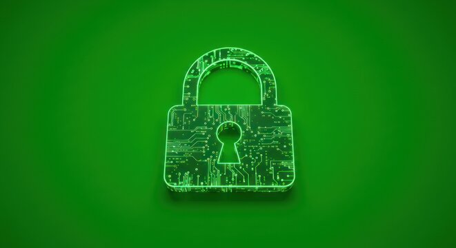 Green illuminated digital padlock symbolizing cybersecurity and data protection