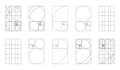 Golden ratio template big set. Method golden section samples. Fibonacci array, numbers forms. Harmony proportions black frames. Outline graphic thin illustration on white background.