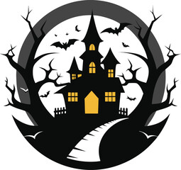 Haunted Mansion with Spooky Atmosphere and Flying Bats on Halloween Night