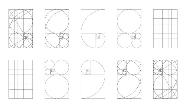 Golden ratio template big set. Method golden section samples. Fibonacci array, numbers forms. Harmony proportions black frames. Outline graphic thin illustration on white background.