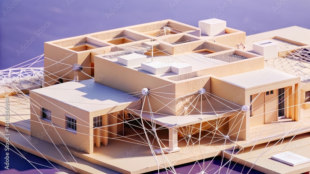 Poster modern architectural model with connected nodes showcases innovative building design and conceptual 
