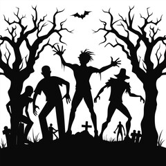 Spooky Night Silhouettes of Zombies and Haunted Creatures in a Dense Forest