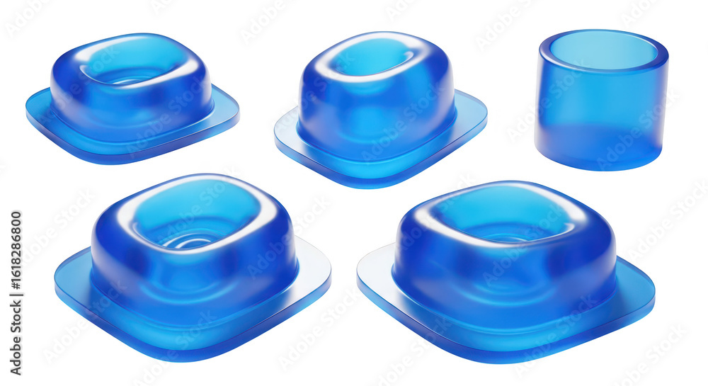 Poster translucent blue objects on a white surface showcasing a set of 3d-rendered plastic components poten