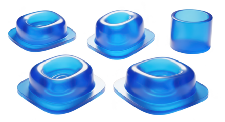 Translucent blue objects on a white surface showcasing a set of 3D-rendered plastic components potentially for design elements or product illustrations