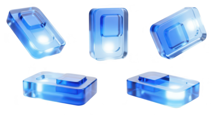 Five translucent blue rectangular abstract blocks are isolated on a white backdrop rotating and illuminated for digital design or concept illustrations