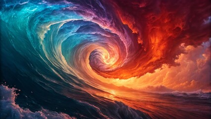 Dramatic ocean wave with vibrant colors swirling into a vortex creating intense energy