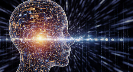 An ai head made of glowing digital circuits