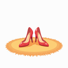 Stylish red high heels on cozy bedroom rug in modern setting. Chic footwear enhances bedroom decor with vibrant color and elegant design. Concept of fashion and lifestyle in interior spaces.