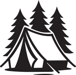 Fototapeta premium A black and white illustration of a camping tent with three pine trees in the background in a forest area