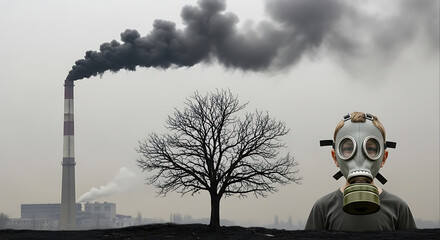 A stark depiction of industrial pollution with a silhouetted figure wearing a gas mask, a bare tree, and a factory emitting dark smoke against a hazy sky.