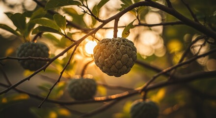 Exotic fruit hangs from branches, illuminated by soft golden light through leafy canopy