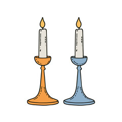 An elegant hand-drawn illustration of two lit candles in classic orange and blue candlesticks, creating a romantic or spiritual ambiance for event invitations.
