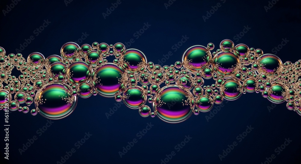 Poster a close up shot of many iridescent bubbles clustered together against a dark blue gradient backgroun