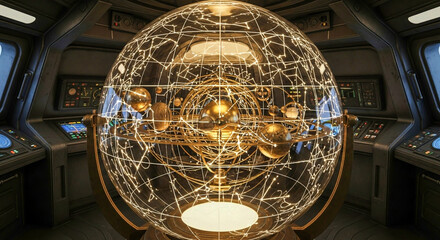 An intricate, glowing orrery of the solar system serves as a holographic map on the bridge of a vintage spaceship. A sci-fi concept of space exploration, celestial navigation, and discovery.