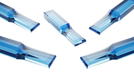 Close-up of five blue crystal laboratory tools angled on a reflective white surface suggesting scientific research and experiments