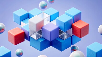 Obraz premium Dynamic 3D render of colorful cubes and spheres floating in a modern abstract composition backdrop