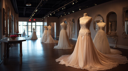 Elegant wedding dresses display in boutique