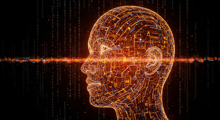 Digital human head composed of circuits with data visualization