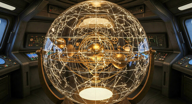 An intricate, glowing orrery of the solar system serves as a holographic map on the bridge of a vintage spaceship. A sci-fi concept of space exploration, celestial navigation, and discovery.