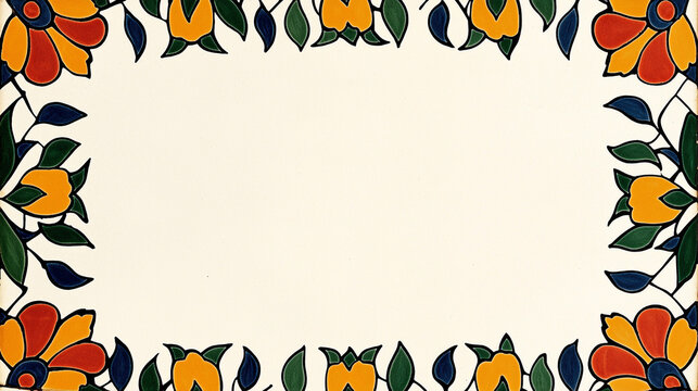 Off-white banner with a colorful, stylized floral border. Concept of decorative frame, botanical design, folk art, social media frame,customizable template.