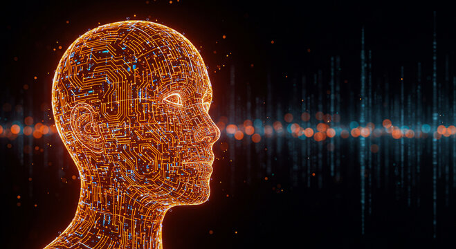 Digital human head composed of circuits with data visualization