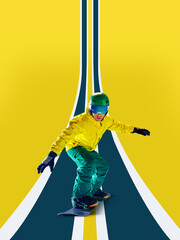 Vibrant composition of snowboarder in yellow and green gear riding down stylized graphic slope....