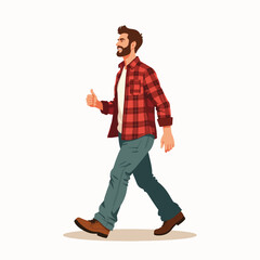 Naklejka premium Man in flannel shirt walking with confident stride, showcasing casual style and relaxed demeanor. Flannel shirt exudes comfort while walking in fresh air,