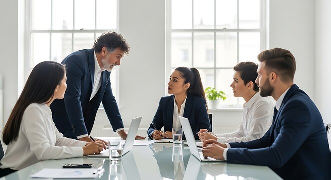 Diverse business team in a meeting with a senior leader discussing strategies and objectives for