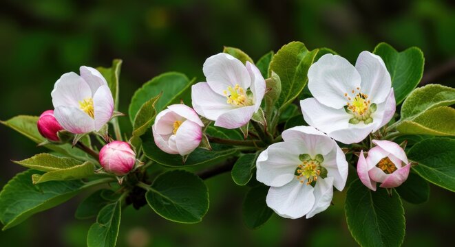 Close-up of blossoming apple tree branches with delicate white and pink flowers, vibrant green leaves, soft focus - Powered by Adobe