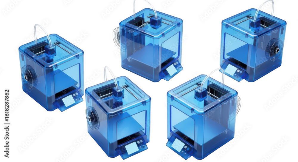 Aufkleber five transparent blue cube 3d printers printing objects in a white studio setting showcasing additiv