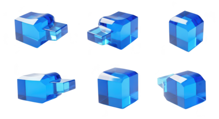 Blue geometric crystal shapes in various positions on a white background showcasing design possibilities for abstract concepts
