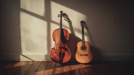 A beautifully lit wooden viola and acoustic guitar resting against a wall, creating a warm and serene atmosphere.