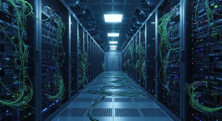 Modern server room data center showcasing network equipment and green cables