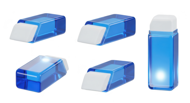 3D rendered blue and white erasers on a white background illustrating stationery tools for educational or creative purposes