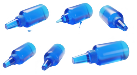 Blue liquid glue bottles spilling adhesive on a white surface creating wet puddles for crafts repairs or artistic applications
