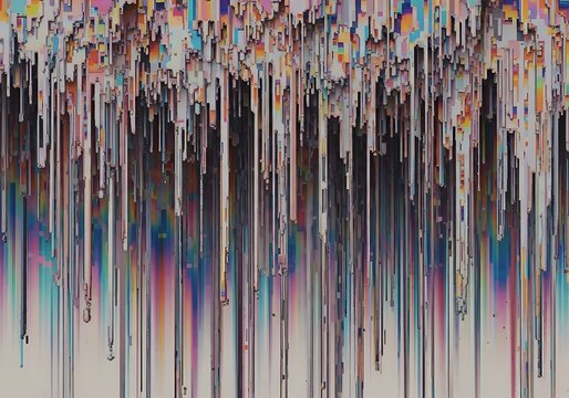 Illustration of abstract glitch art with dripping colors and digital distortion