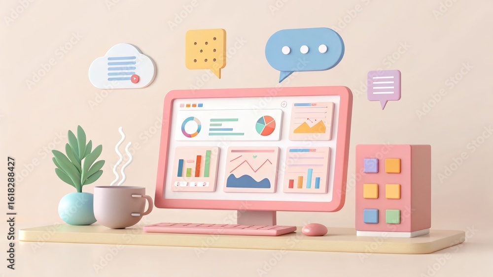 Poster modern pastel workspace mockup displaying data charts and communication icons for business presentat