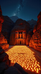 Nighttime Petra Treasury: Candles, Milky Way, Canyon Walls - Travel, Tourism, Mystical Design