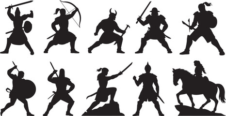 Warrior Silhouettes Collection Diverse Set of Ancient Fighters and Soldiers Vector Illustration Art