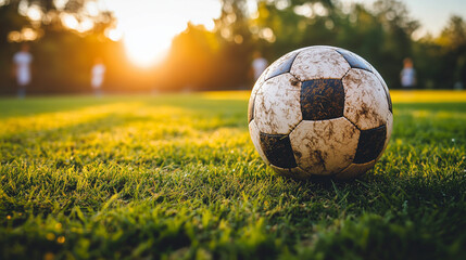 Fototapeta premium Soccer ball resting on vibrant green grass field during sunset, with blurred players in the background, capturing the essence of outdoor sports and teamwork