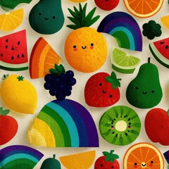 Vibrant Rainbow Fruit Pattern: Cute Kawaii Style Illustrations for Kids, Food Blogs, and Summer Designs