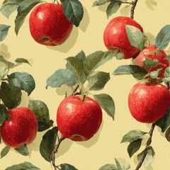 Vintage Red Apples Seamless Pattern: Botanical Illustration for Fabric, Wallpaper, & Packaging Design